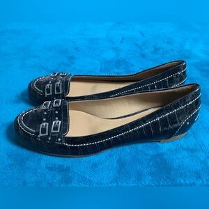 Casadei Shiny Patent Leather Animal Print Embossed Loafers with Silver Buckles